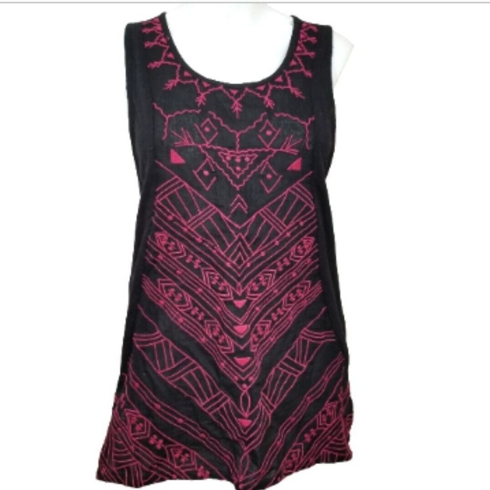 Sloane Rouge Womens Tank Top Small Black Embroidered Boho Sleeveless Open Back